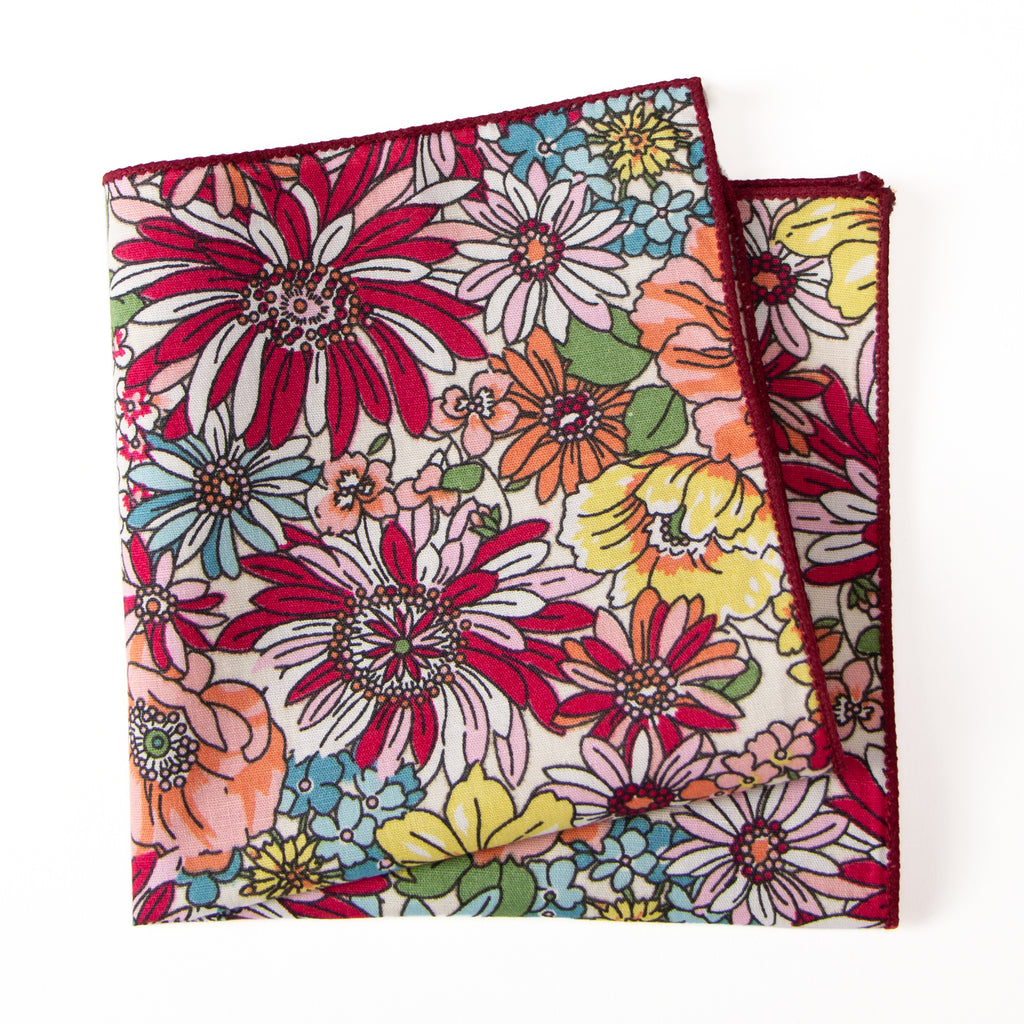 Men's Cotton Floral Print Pocket Square, Blue/Red (Color F30)