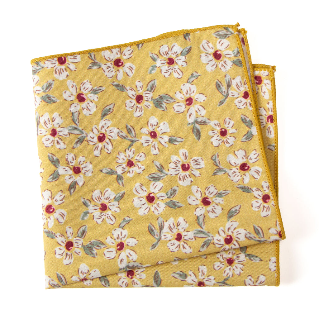 Men's Cotton Floral Print Pocket Square, Mustard (Color F32)
