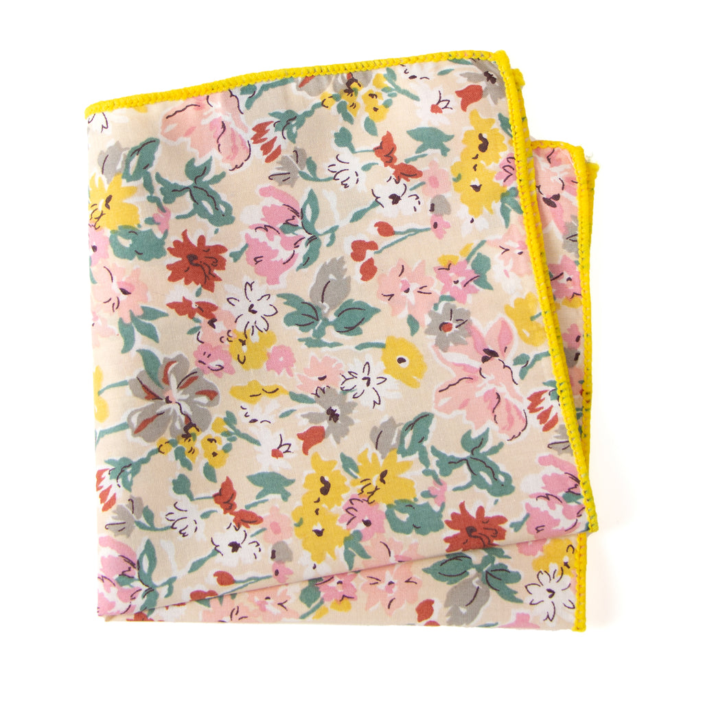 Men's Cotton Floral Print Pocket Square, Ivory (Color F33)