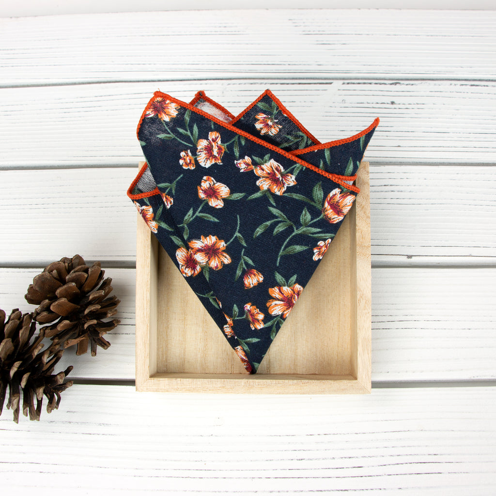 Men's Cotton Floral Print Pocket Square, Navy/Orange (Color F35)