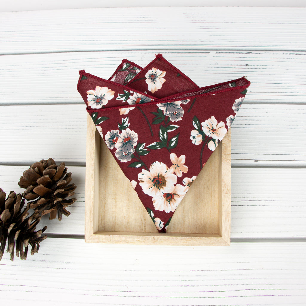 Men's Cotton Floral Print Pocket Square, Burgundy (Color F37)