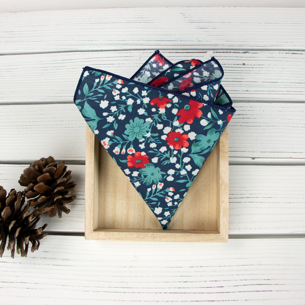 Men's Cotton Floral Print Pocket Square, Blue/Red (Color F42)