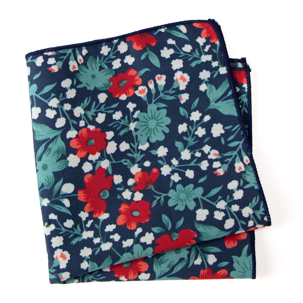 Men's Cotton Floral Print Pocket Square, Blue/Red (Color F42)