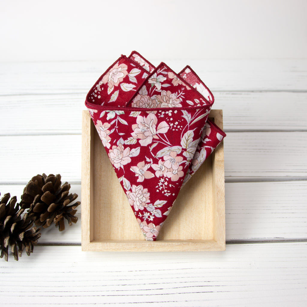 Men's Cotton Floral Print Pocket Square, Apple Red (Color F45)