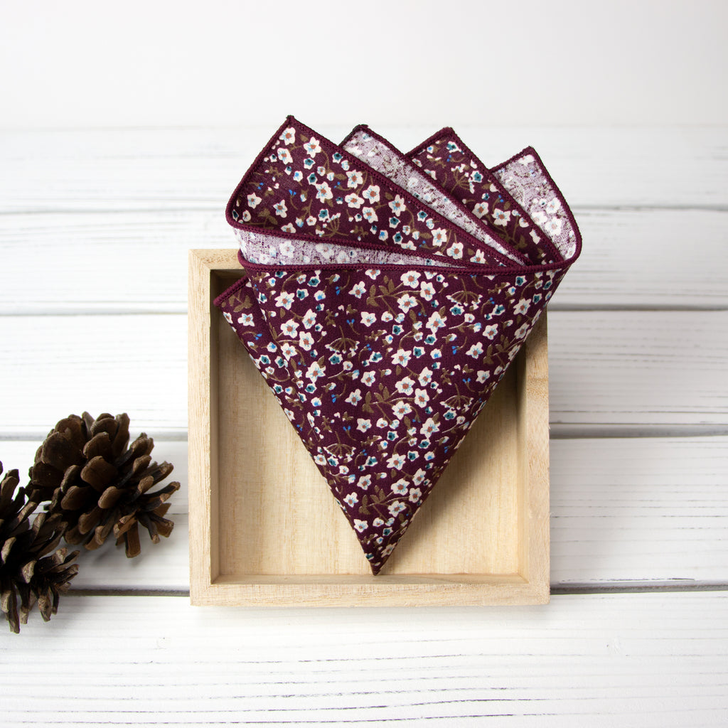 Men's Cotton Floral Print Pocket Square, Wine (Color F47)