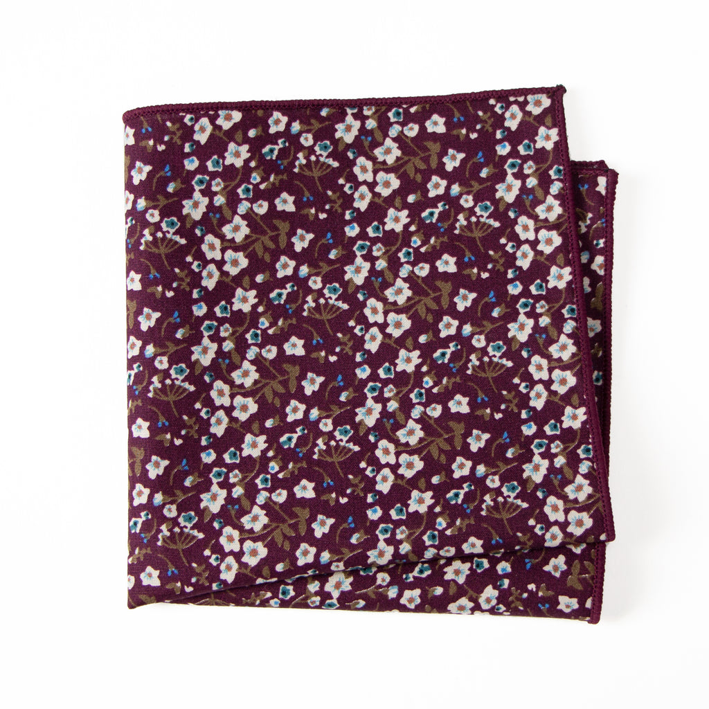 Men's Cotton Floral Print Pocket Square, Wine (Color F47)
