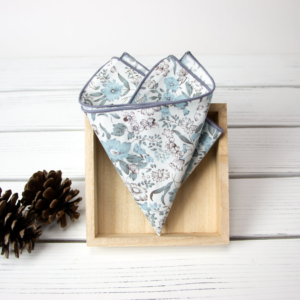 Men's Cotton Floral Print Pocket Square, Dusty Blue (Color F48)