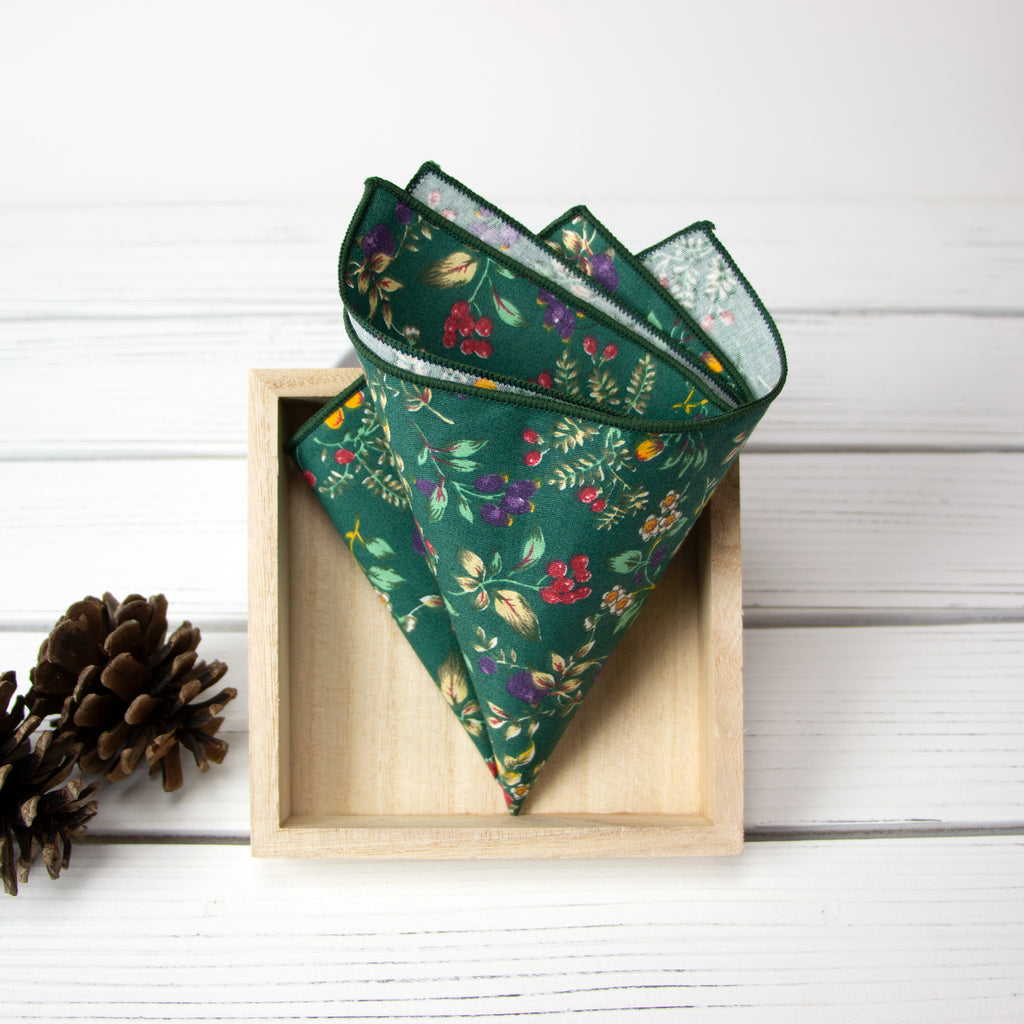 Men's Cotton Floral Print Pocket Square, Juniper (Color F51)