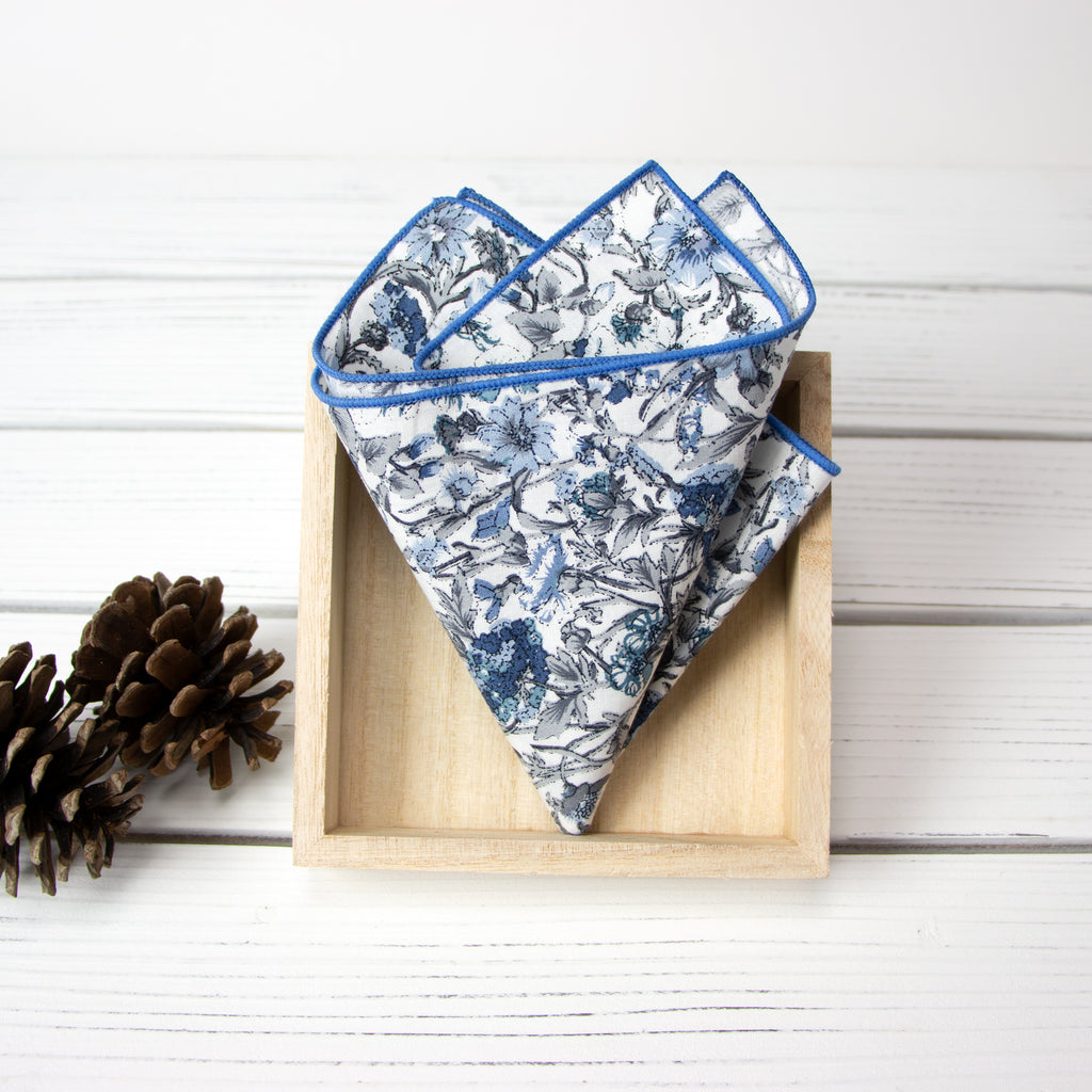 Men's Cotton Floral Print Pocket Square, Steel Blue (Color F54)