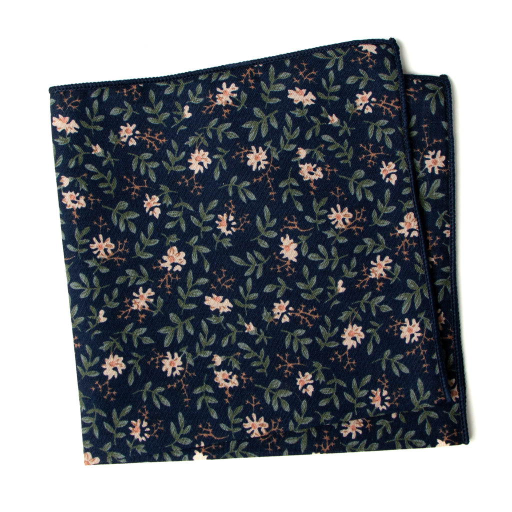 Men's Cotton Floral Print Pocket Square, Navy (Color F57)