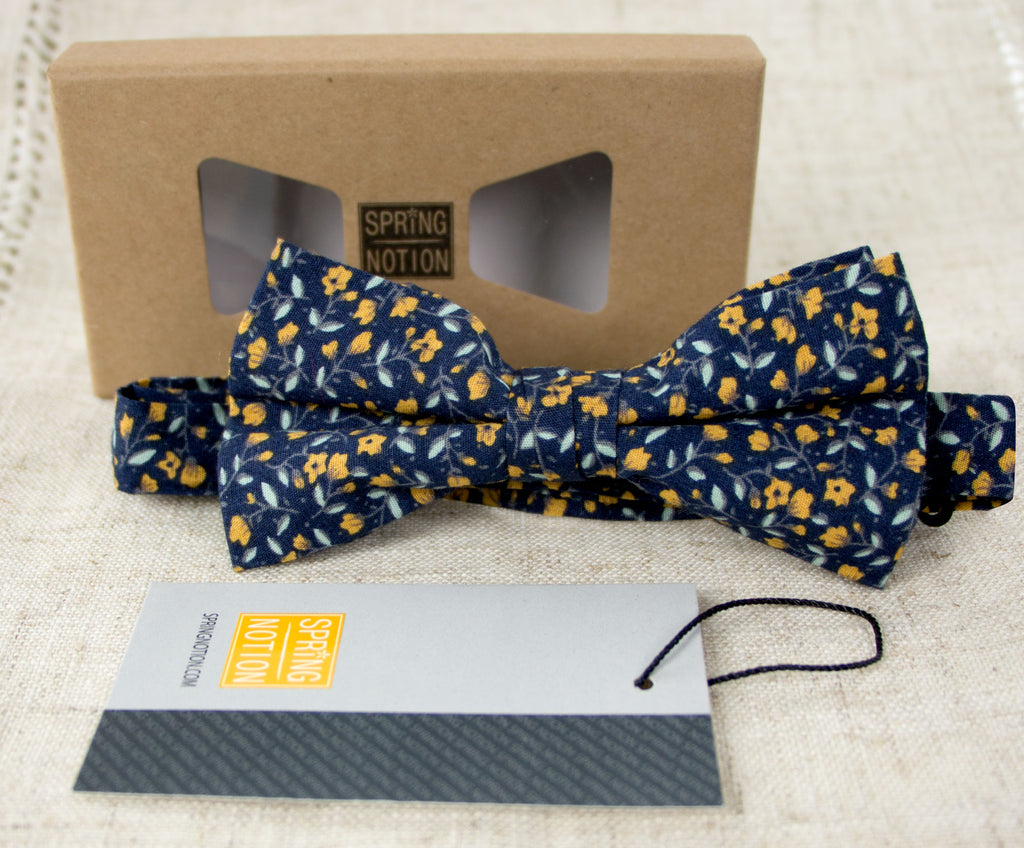 Men's Cotton Floral Print Bow Tie, Navy (Color F11)