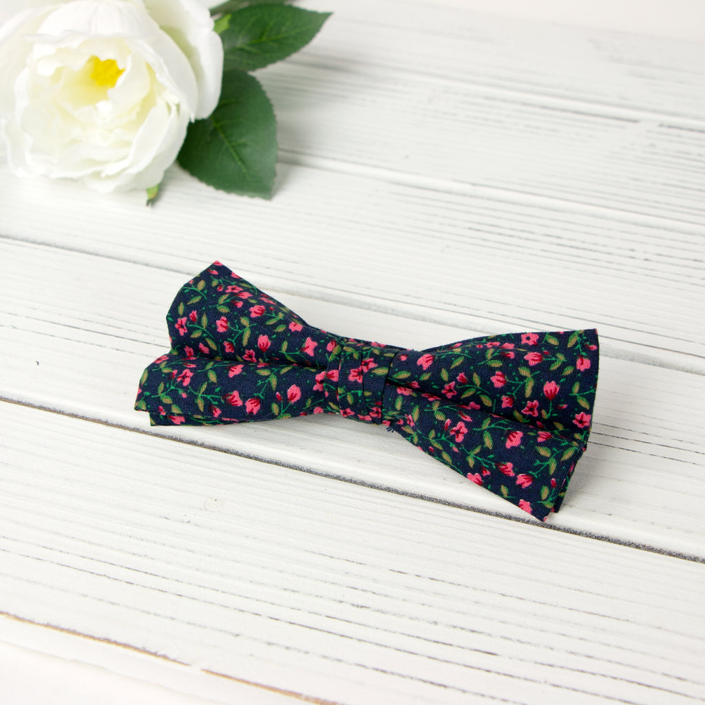 Men's Cotton Floral Print Bow Tie, Navy (Color F12)