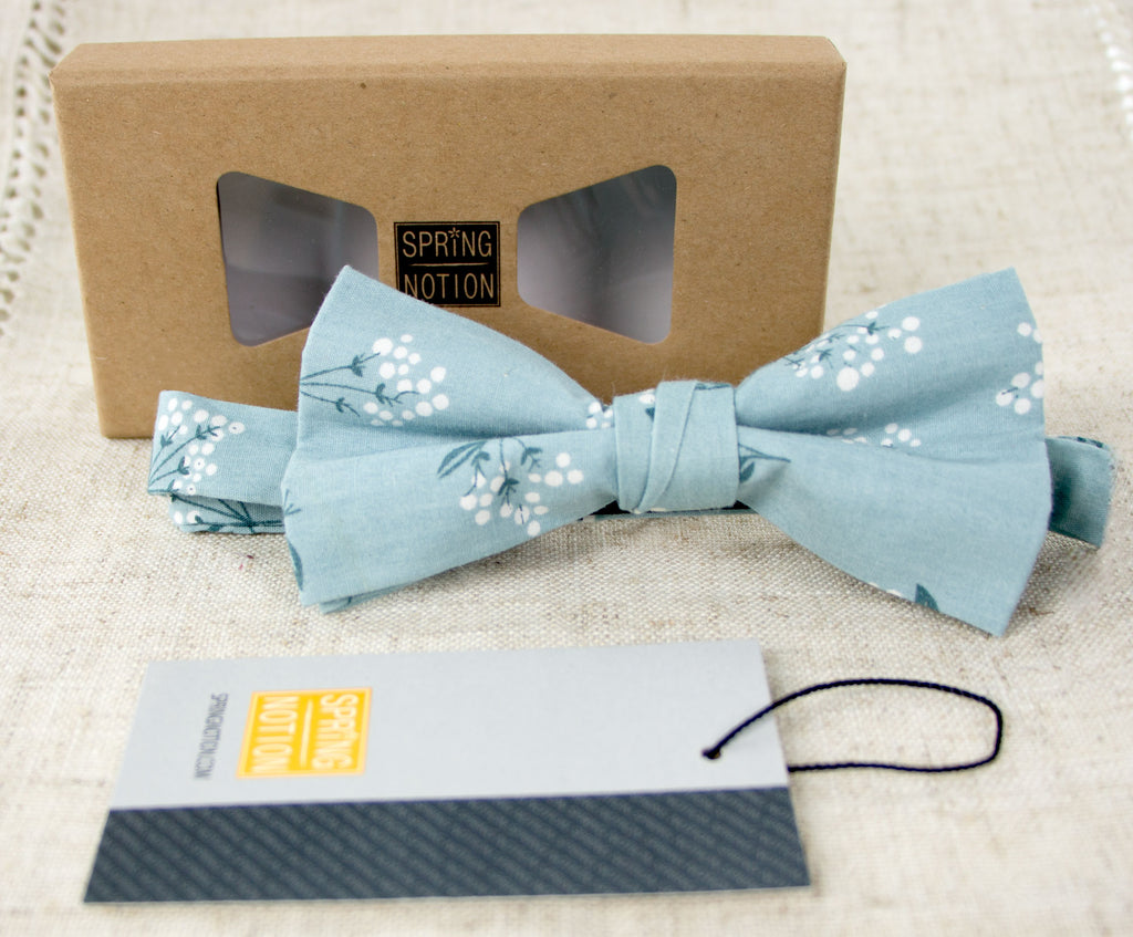 Men's Cotton Floral Print Bow Tie, Light Blue (Color F14)