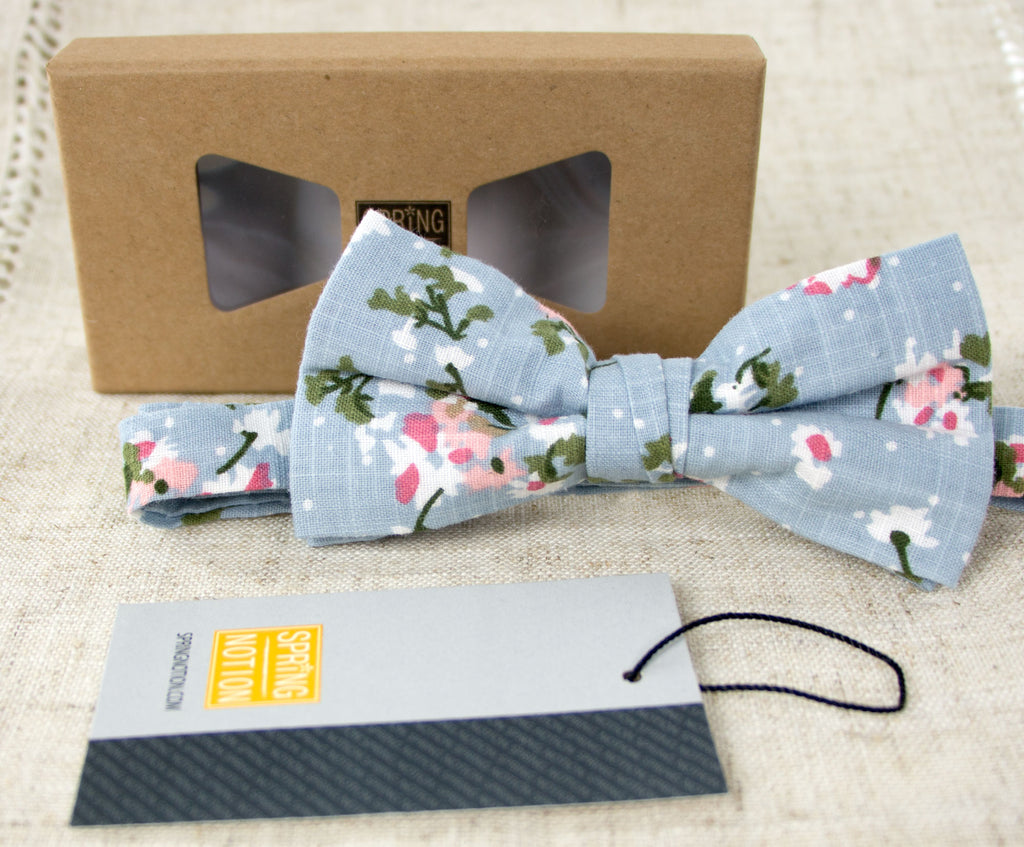 Men's Cotton Floral Print Bow Tie, Light Blue (Color F19)