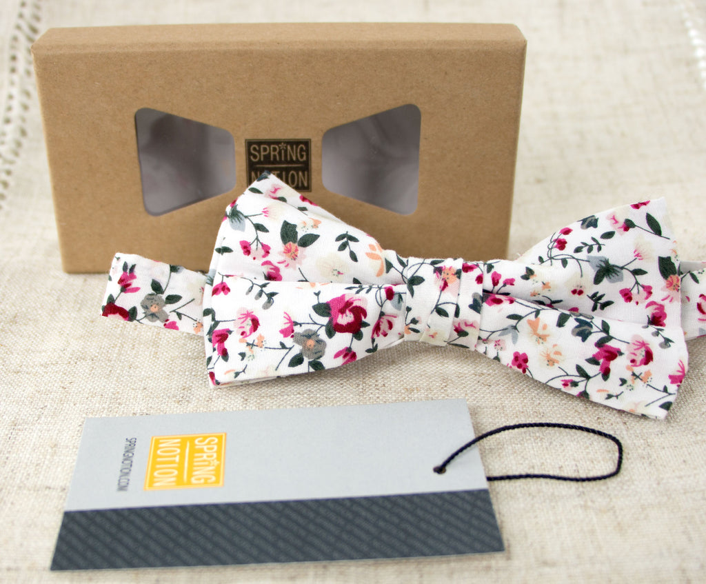 Men's Cotton Floral Print Bow Tie, White (Color F22)