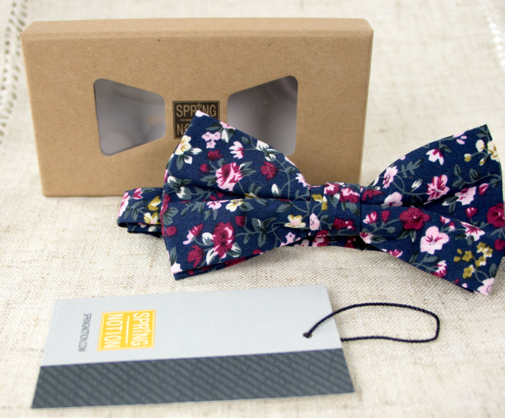 Men's Floral Cotton Suspenders and Bow Tie Set, Navy (Color F23)