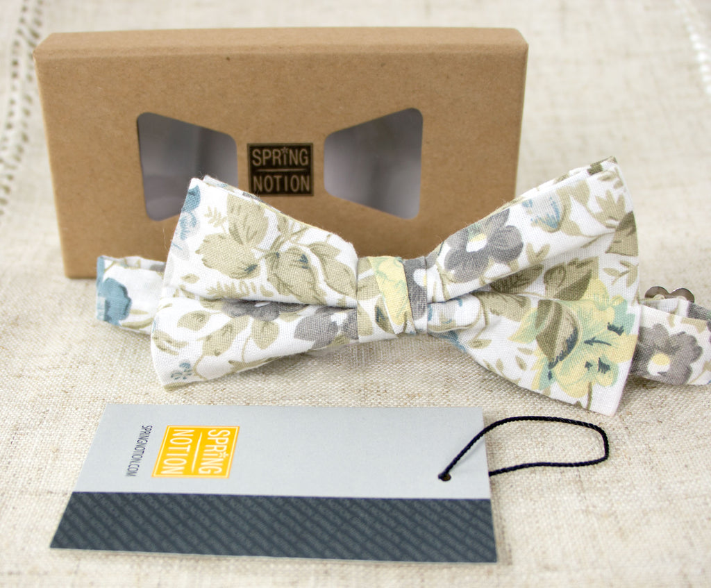 Men's Floral Cotton Suspenders and Bow Tie Set, Sage Yellow (Color F24)
