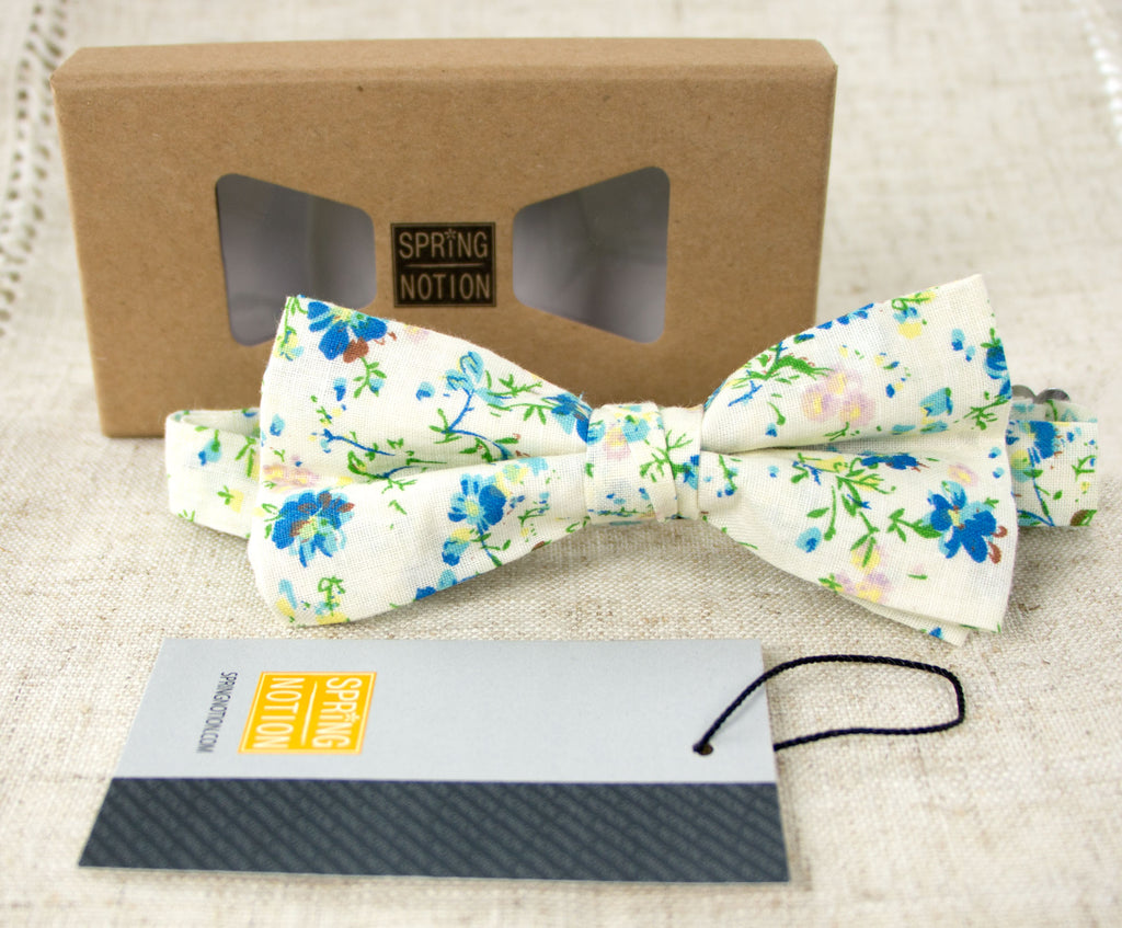 Men's Cotton Floral Print Bow Tie, Blue (Color F26)