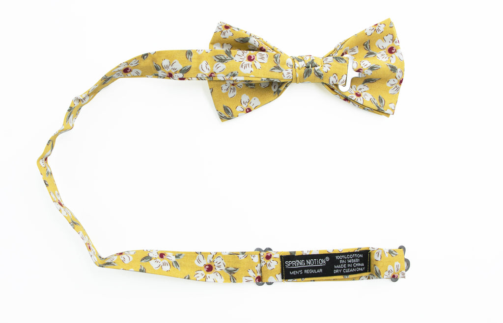 Men's Cotton Floral Print Bow Tie, Mustard (Color F32)