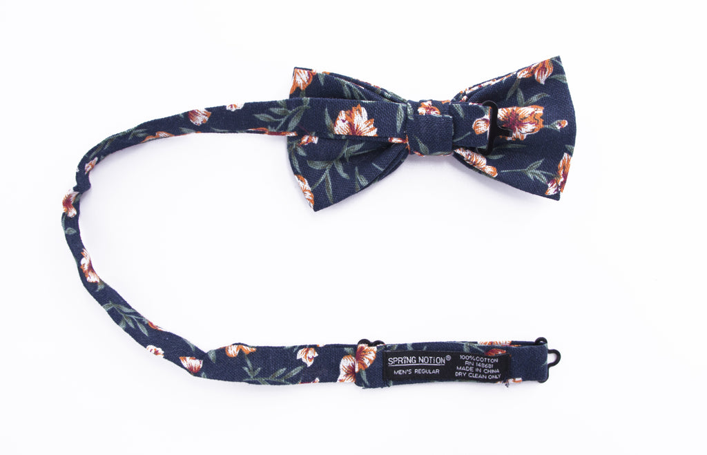 Men's Floral Cotton Suspenders and Bow Tie Set, Navy Orange (Color F35)