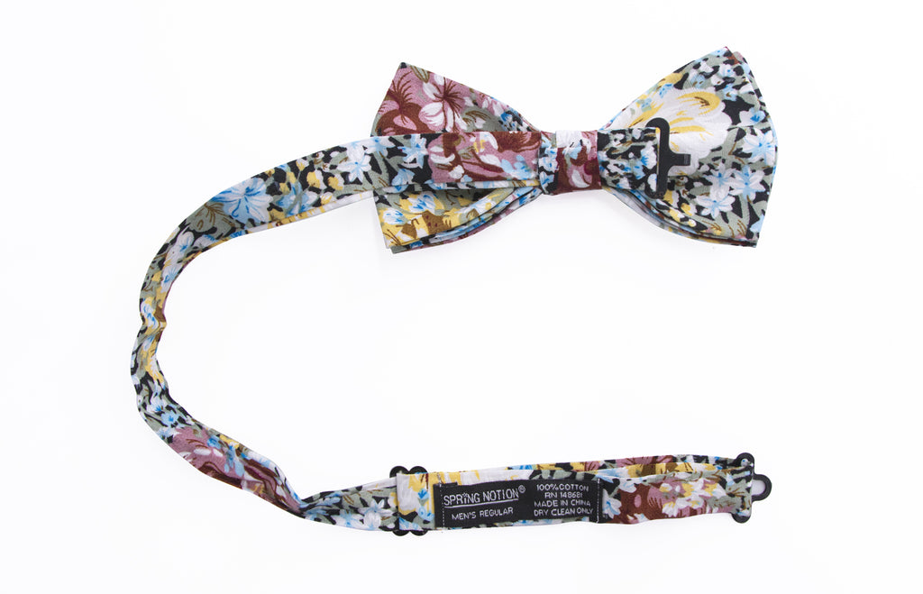 Men's Cotton Floral Print Bow Tie, Black/Mauve (Color F36)
