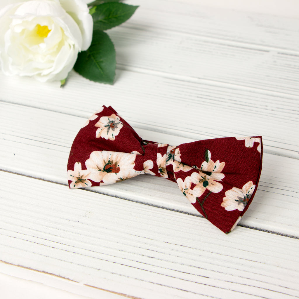 Men's Cotton Floral Print Bow Tie, Burgundy (Color F37)