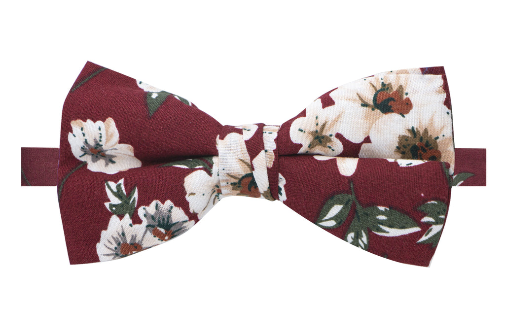 Men's Cotton Floral Print Bow Tie, Burgundy (Color F37)