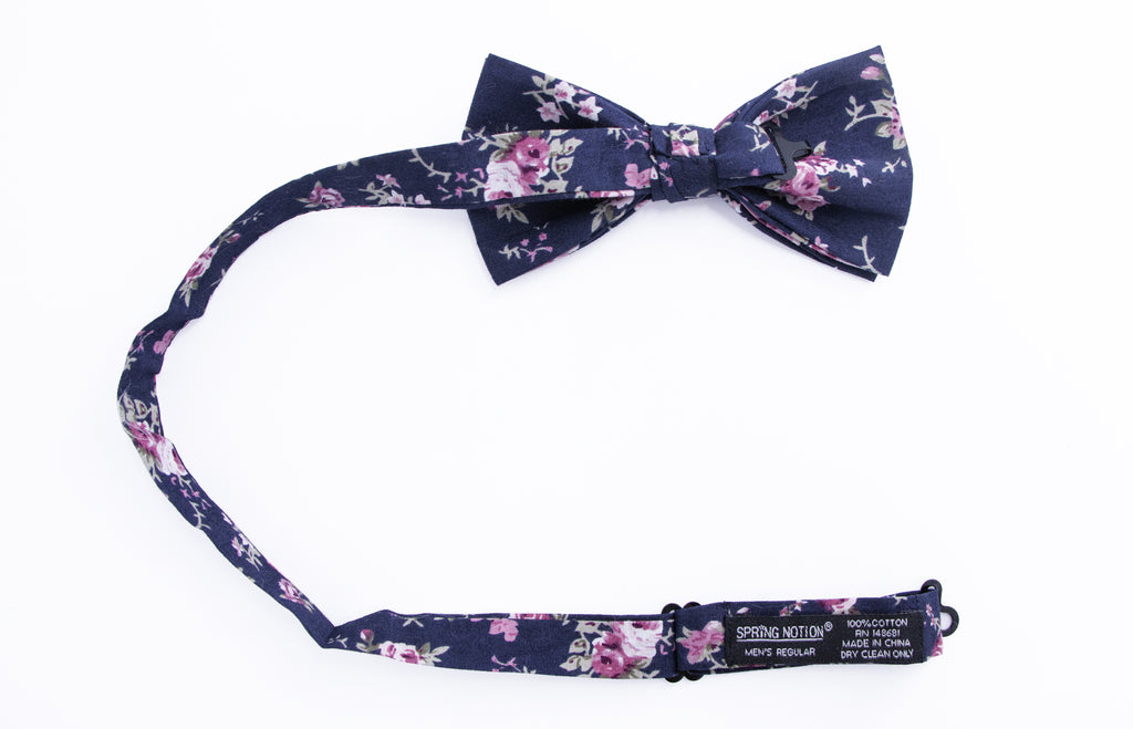 Men's Cotton Floral Print Bow Tie, Navy/Pink (Color F38)
