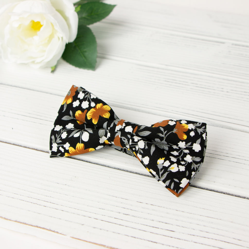 Men's Cotton Floral Print Bow Tie, Black/Mustard (Color F41)