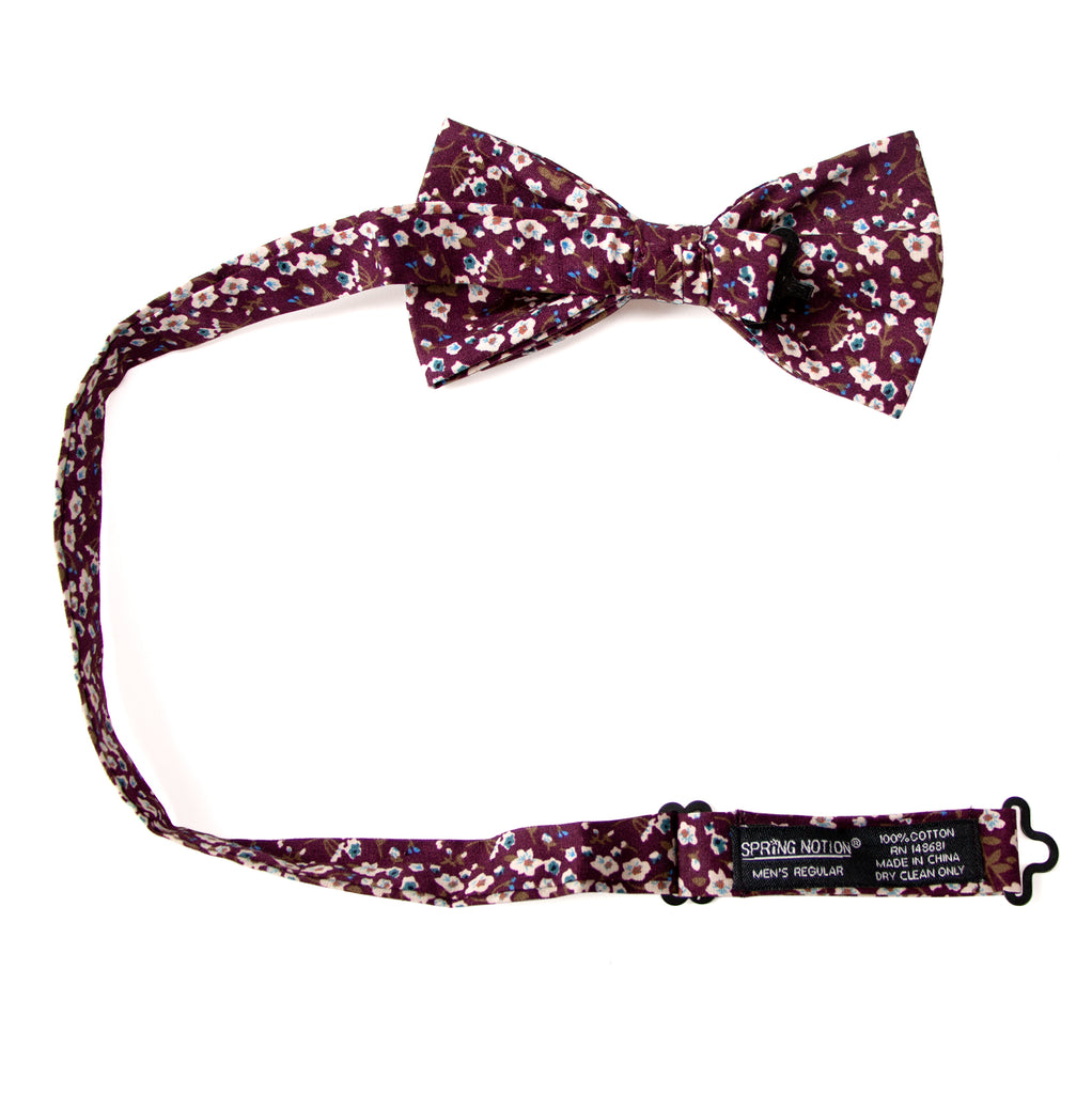 Men's Cotton Floral Print Bow Tie, Wine (Color F47)