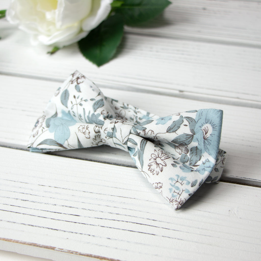 Men's Cotton Floral Print Bow Tie, Dusty Blue (Color F48)