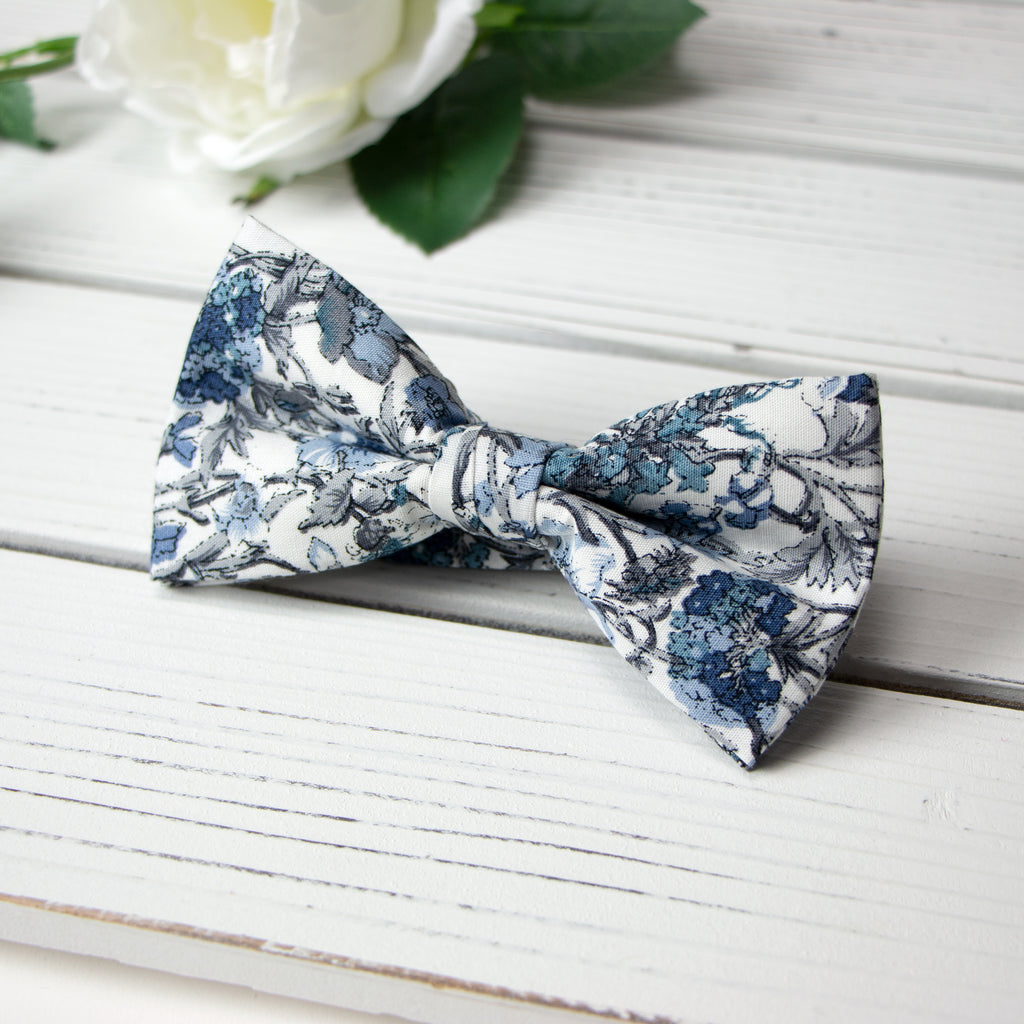 Men's Cotton Floral Print Bow Tie, Steel Blue (Color F54)