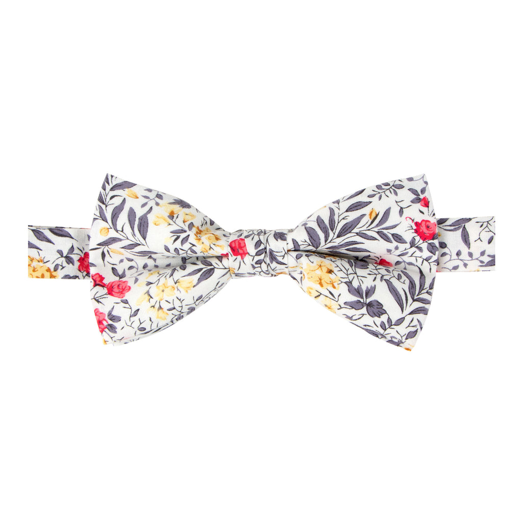 Men's Cotton Floral Print Bow Tie, Yellow Red Grey (Color F62)