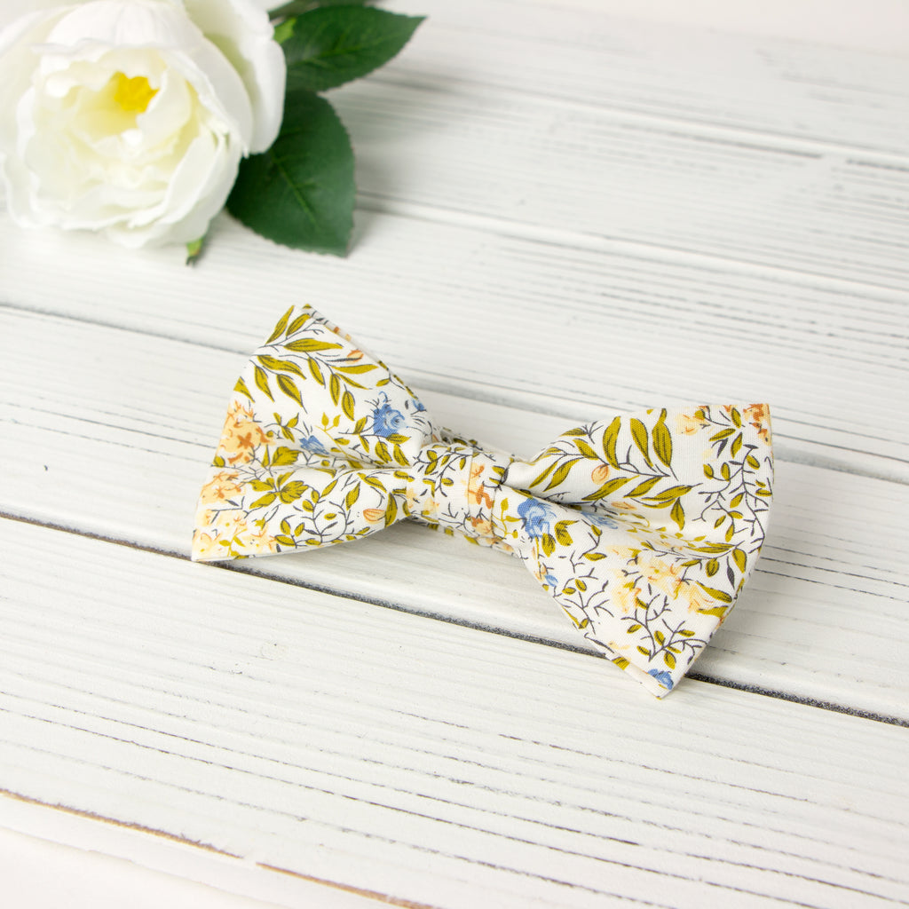 Men's Cotton Floral Print Bow Tie, Yellow Blue Green (Color F63)