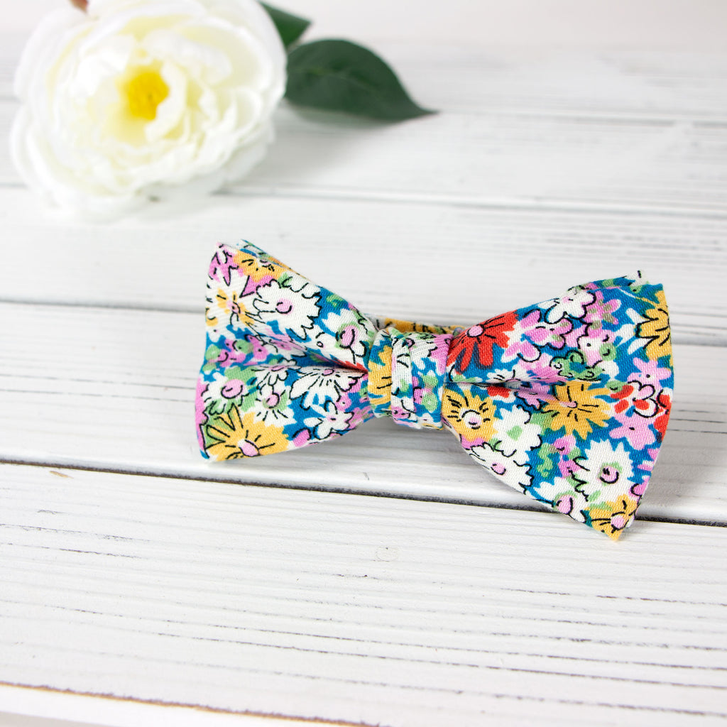 Men's Cotton Floral Print Bow Tie, Blue/Yellow (Color F70)