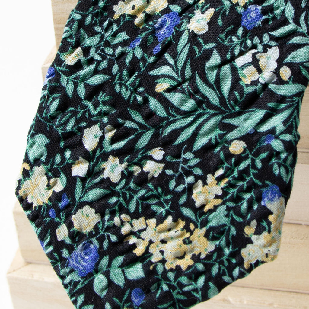 Men's Salt Shrinking Seersucker Cotton Floral Print Necktie, Black Green (Color FS09)
