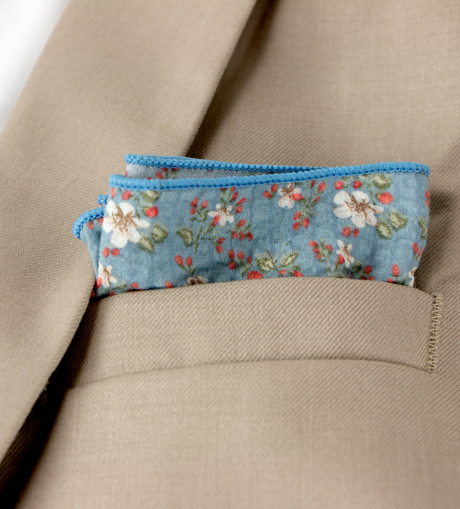Men's Salt Shrinking Seersucker Cotton Floral Print Pocket Square, Blue (Color FS02)