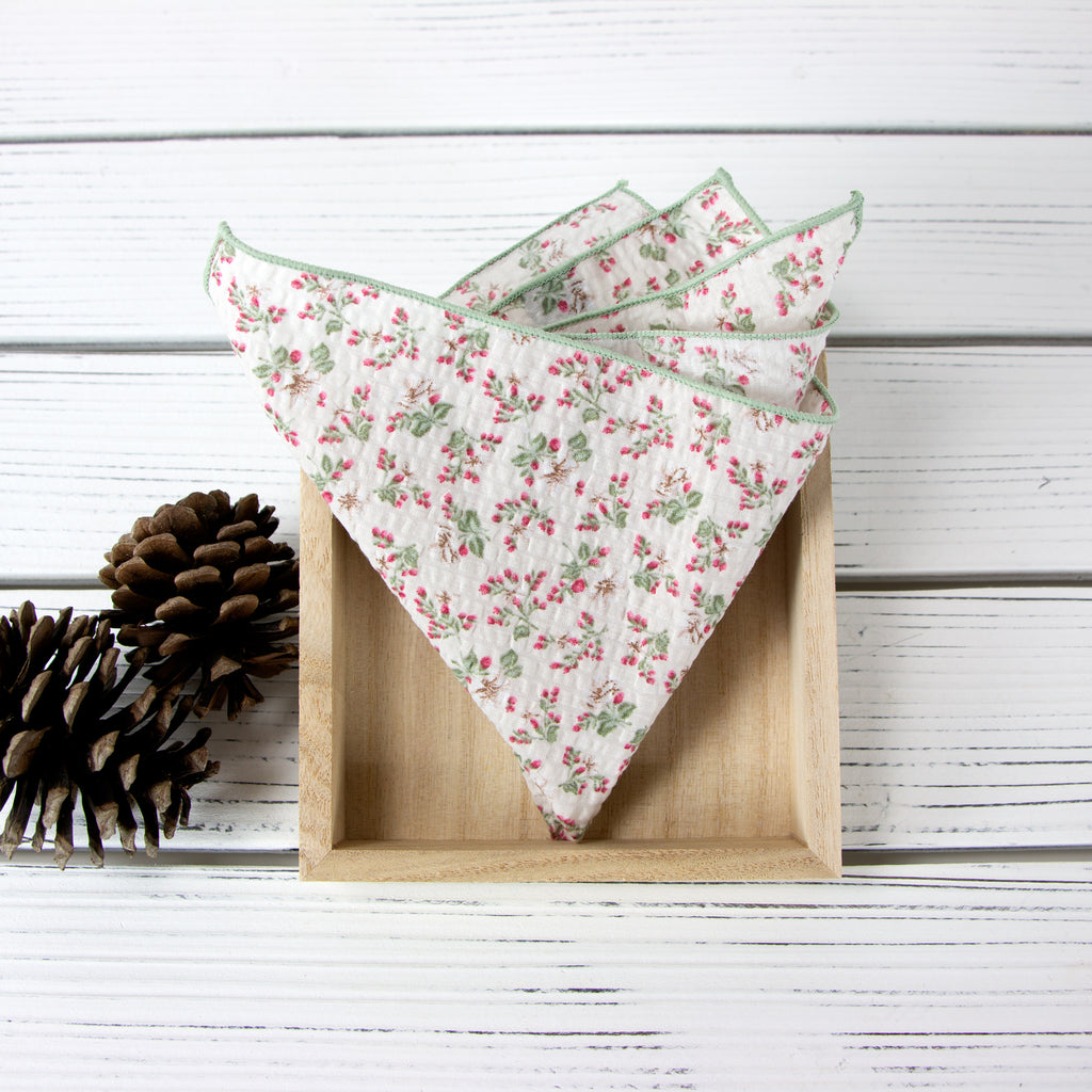 Men's Salt Shrinking Seersucker Cotton Floral Print Pocket Square, Beige Sage Red (Color FS08)