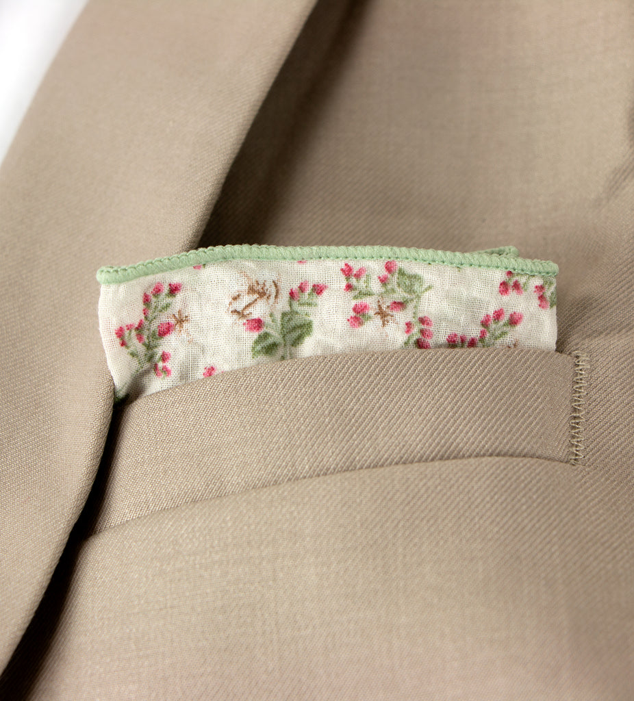 Men's Salt Shrinking Seersucker Cotton Floral Print Pocket Square, Beige Sage Red (Color FS08)
