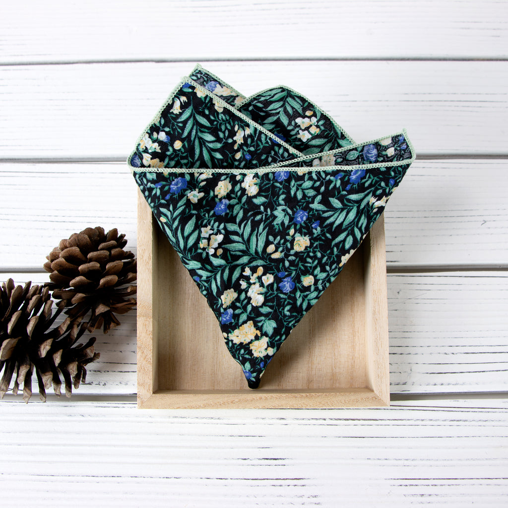 Men's Salt Shrinking Seersucker Cotton Floral Print Pocket Square, Black Green (Color FS09)