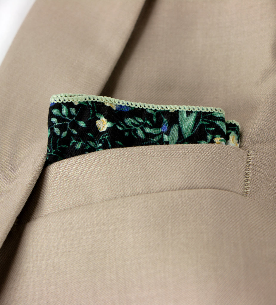 Men's Salt Shrinking Seersucker Cotton Floral Print Pocket Square, Black Green (Color FS09)