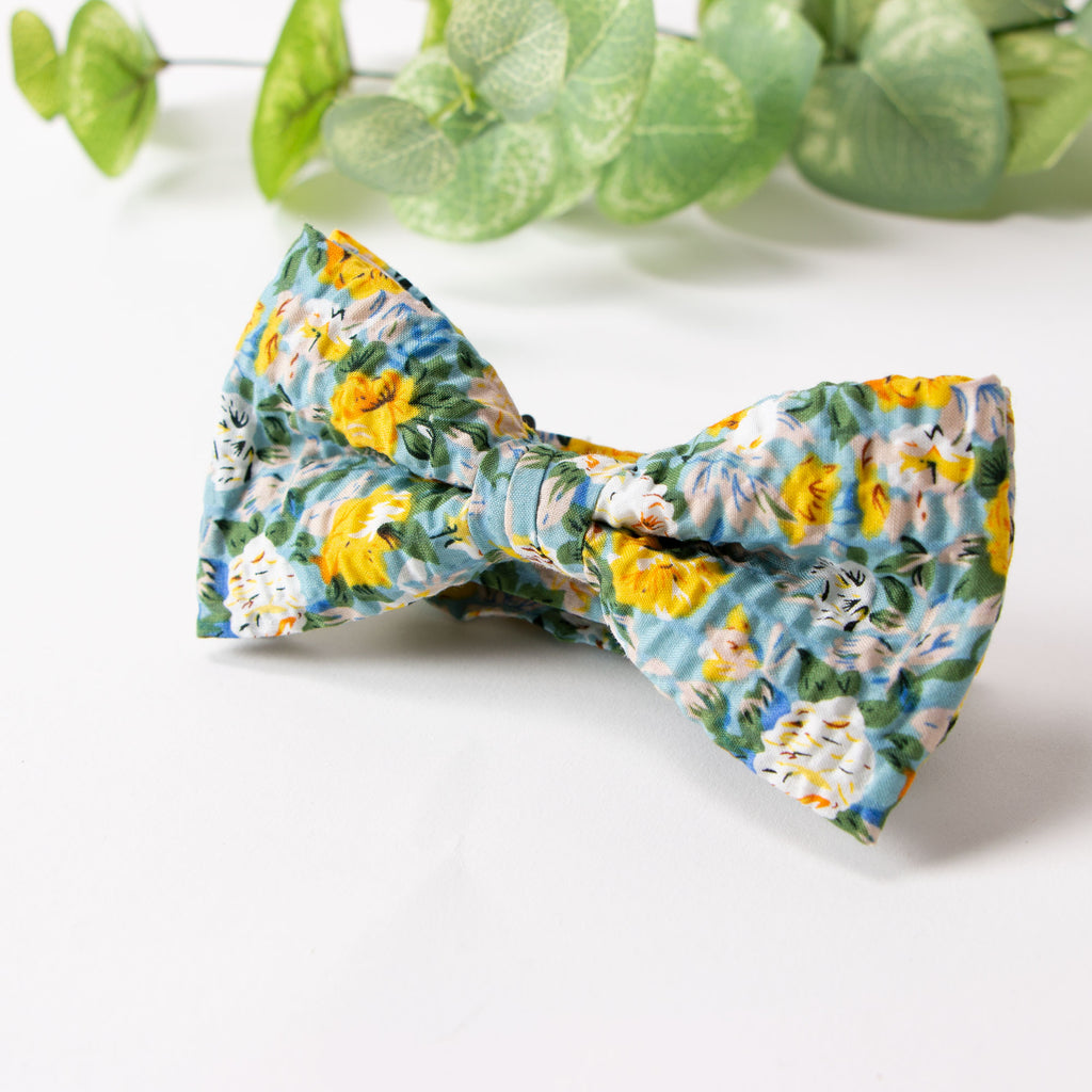 Men's Salt Shrinking Seersucker Cotton Floral Print Bow Tie, Blue Yellow (Color FS05)