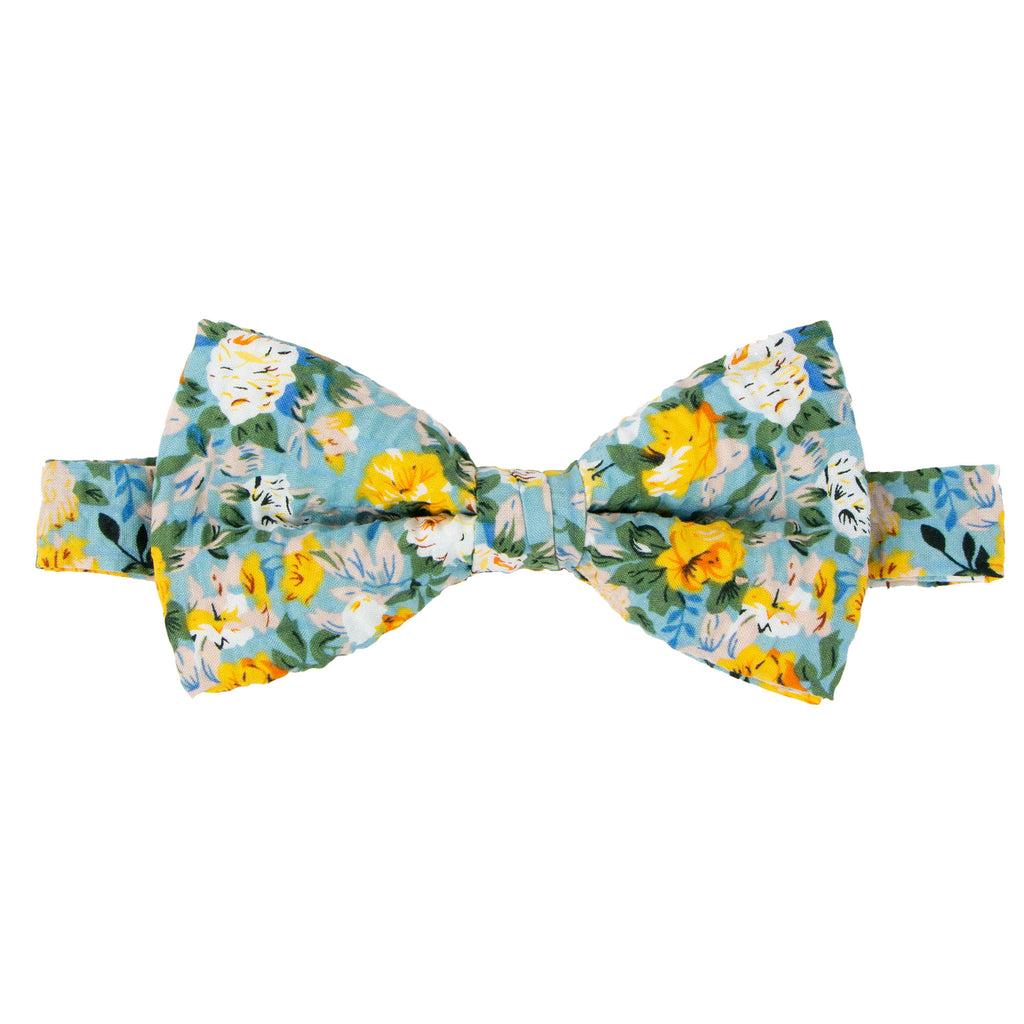 Men's Salt Shrinking Seersucker Cotton Floral Print Bow Tie, Blue Yellow (Color FS05)