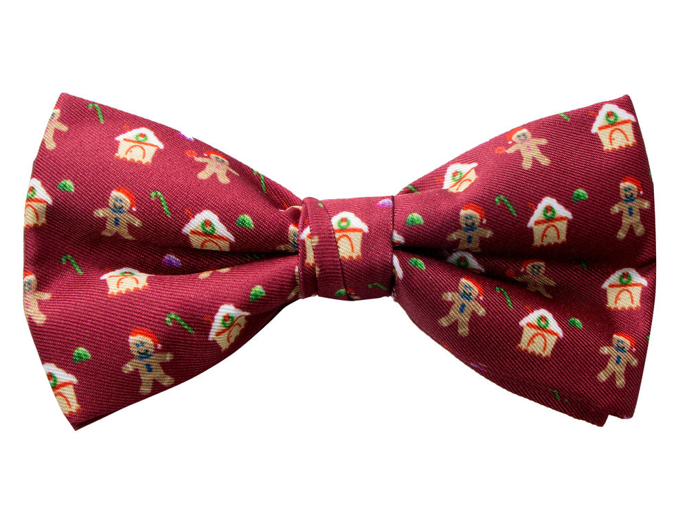 Men's Printed Christmas Theme Pretied Bow Tie, Gingerbread Man on Burgundy
