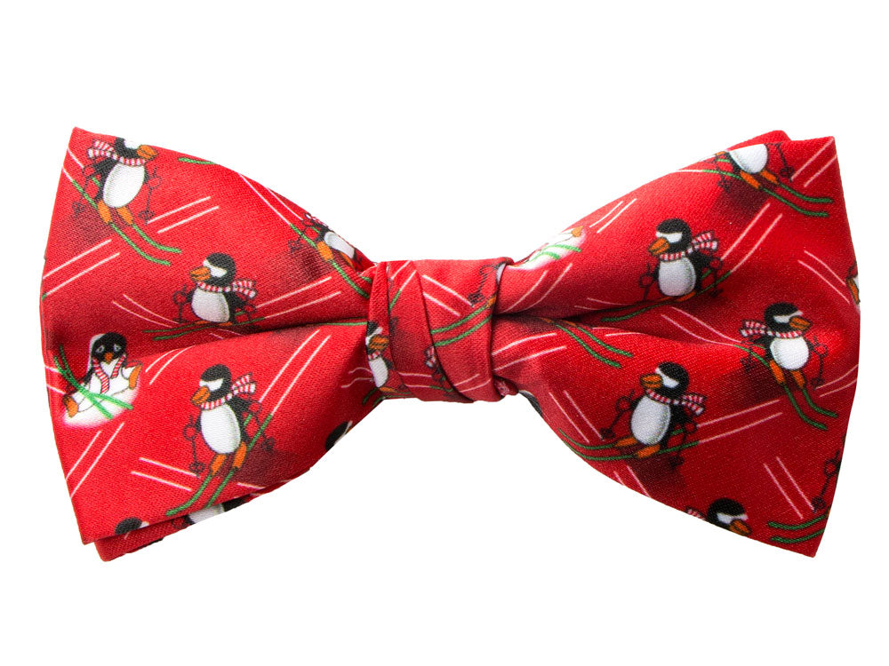 Men's Printed Christmas Theme Pretied Bow Tie, Red Skiing Penguin
