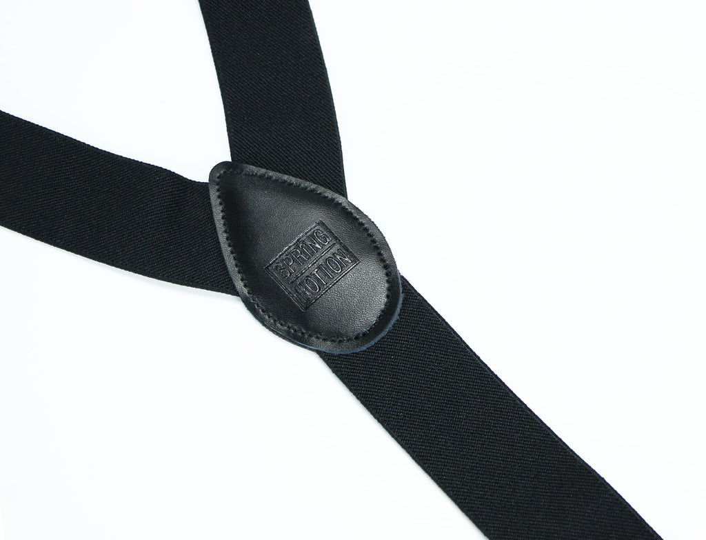 men's black elastic stretch suspenders with genuine leather crosspatch with subtle Spring Notion branding