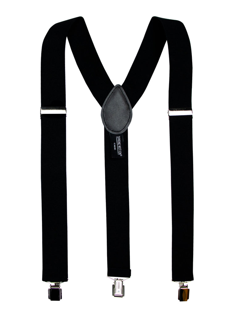 men's black elastic stretch suspenders with genuine leather crosspatch with subtle Spring Notion branding