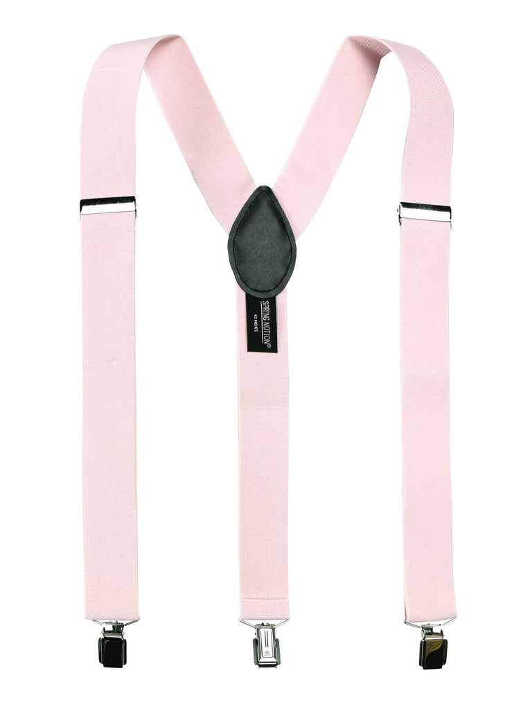 men's blush pink baby pink elastic stretch suspenders with genuine leather crosspatch with subtle Spring Notion branding