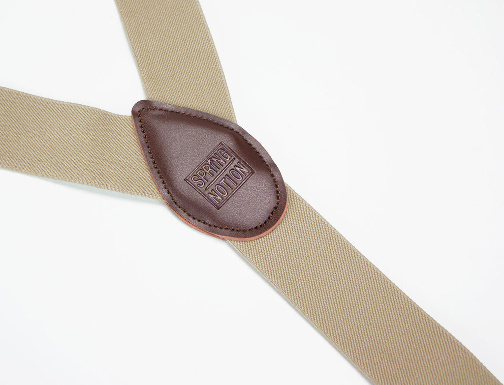 men's champagne beige elastic stretch suspenders with genuine leather crosspatch with subtle Spring Notion branding