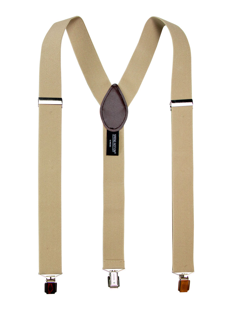 men's champagne beige elastic stretch suspenders with genuine leather crosspatch with subtle Spring Notion branding